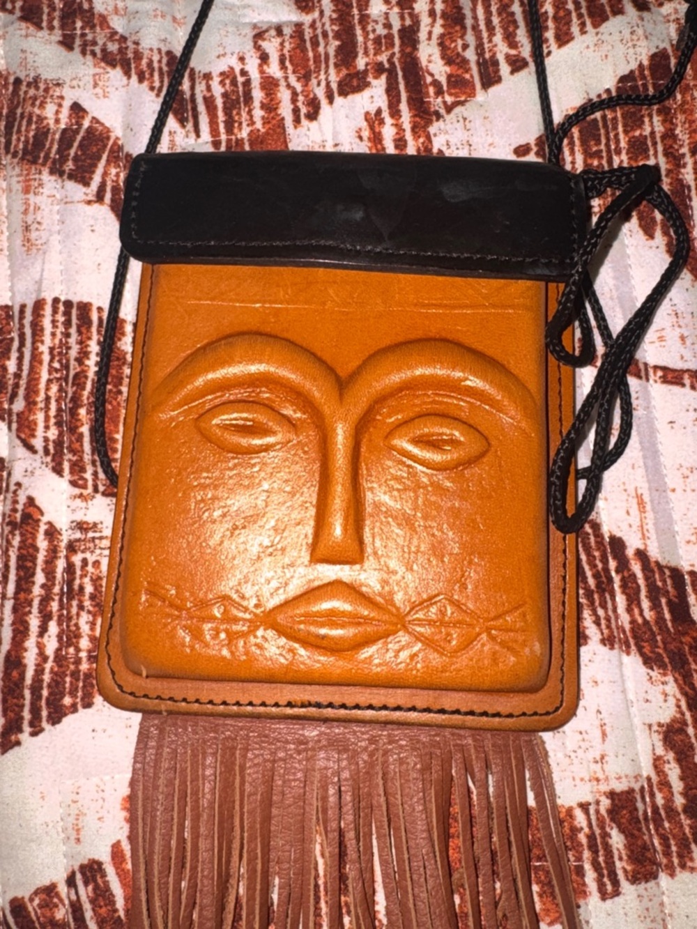 Artwear by Robbie Carved Face Leather Crossbody Bag with Fringe - Cognac & Black